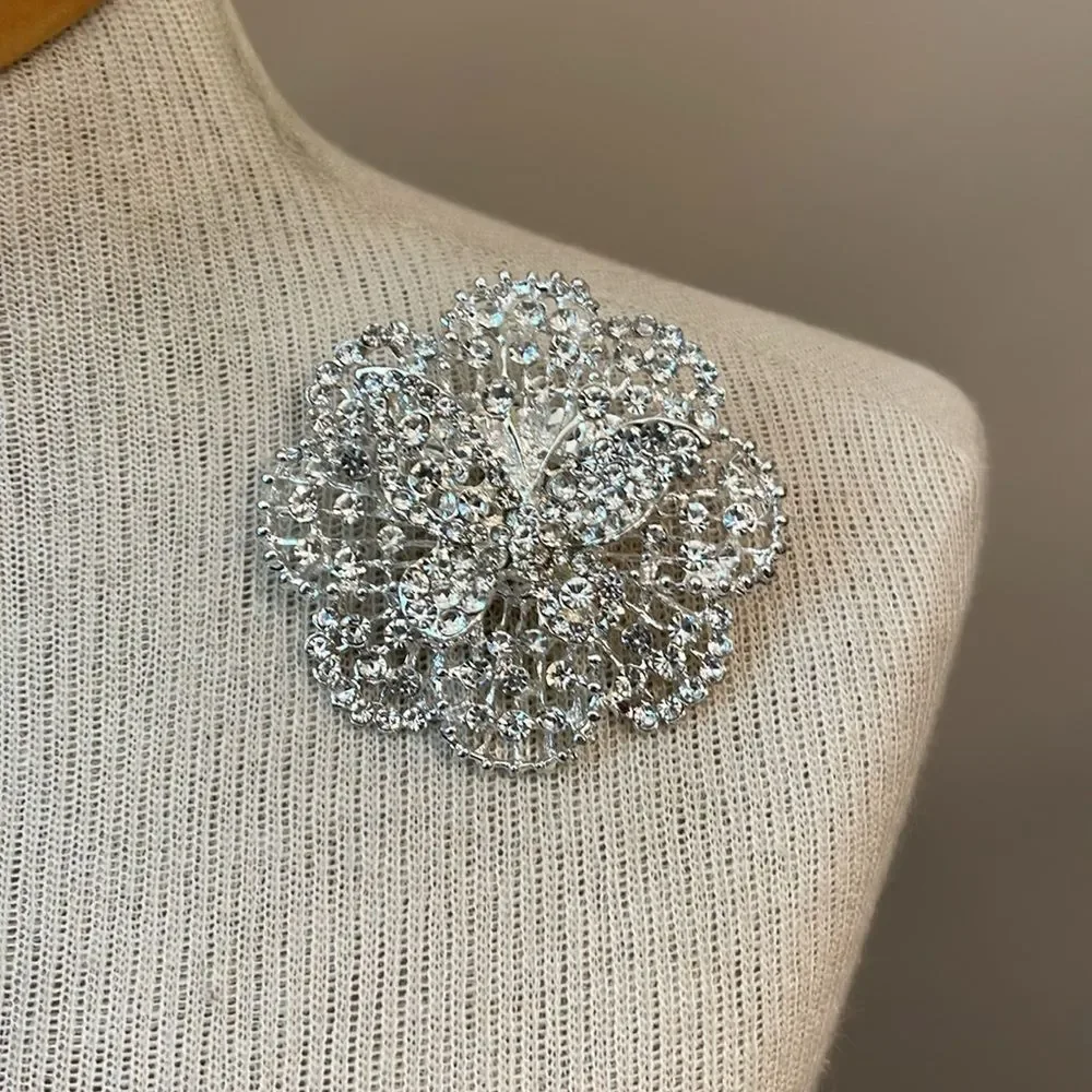 Vintage Style Rhinestone Brooch Flower Shape with a Butterfly in the Middle